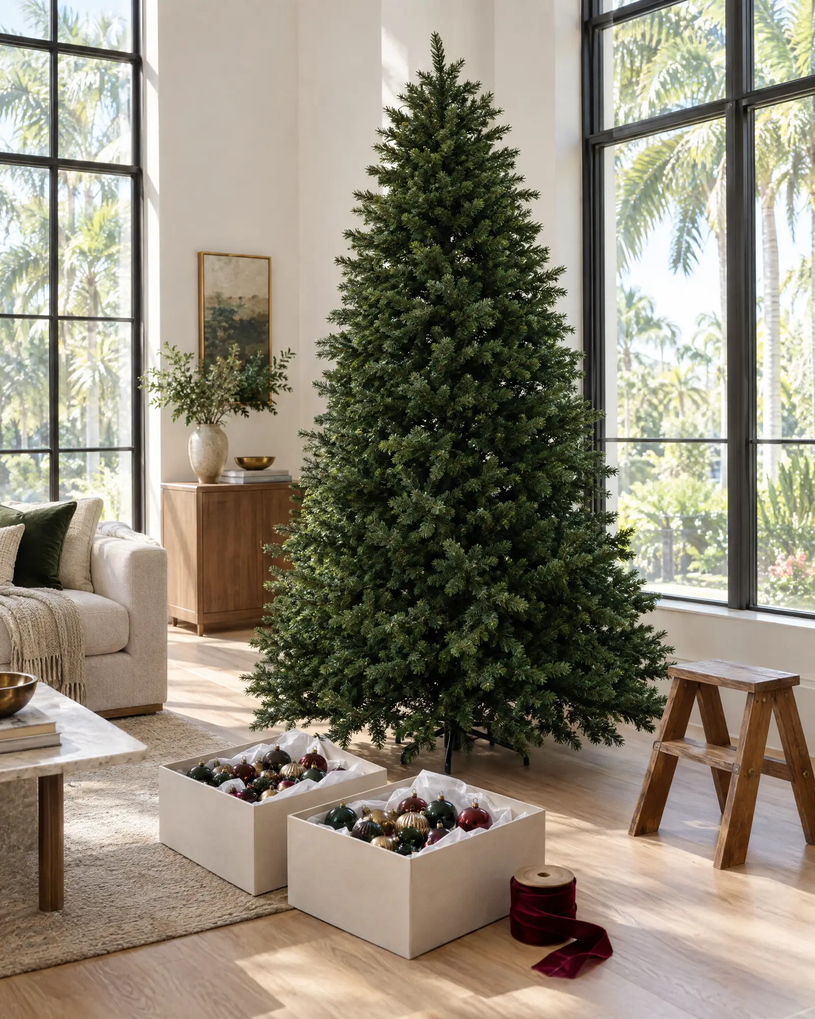 A bare Christmas tree in a bright Orlando living room, with boxes of ornaments at its base